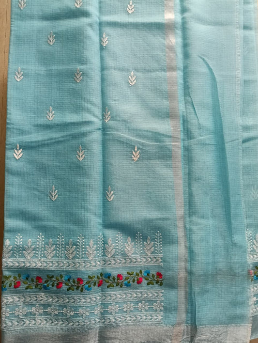 Sky Blue Kota Saree with floral embroidery