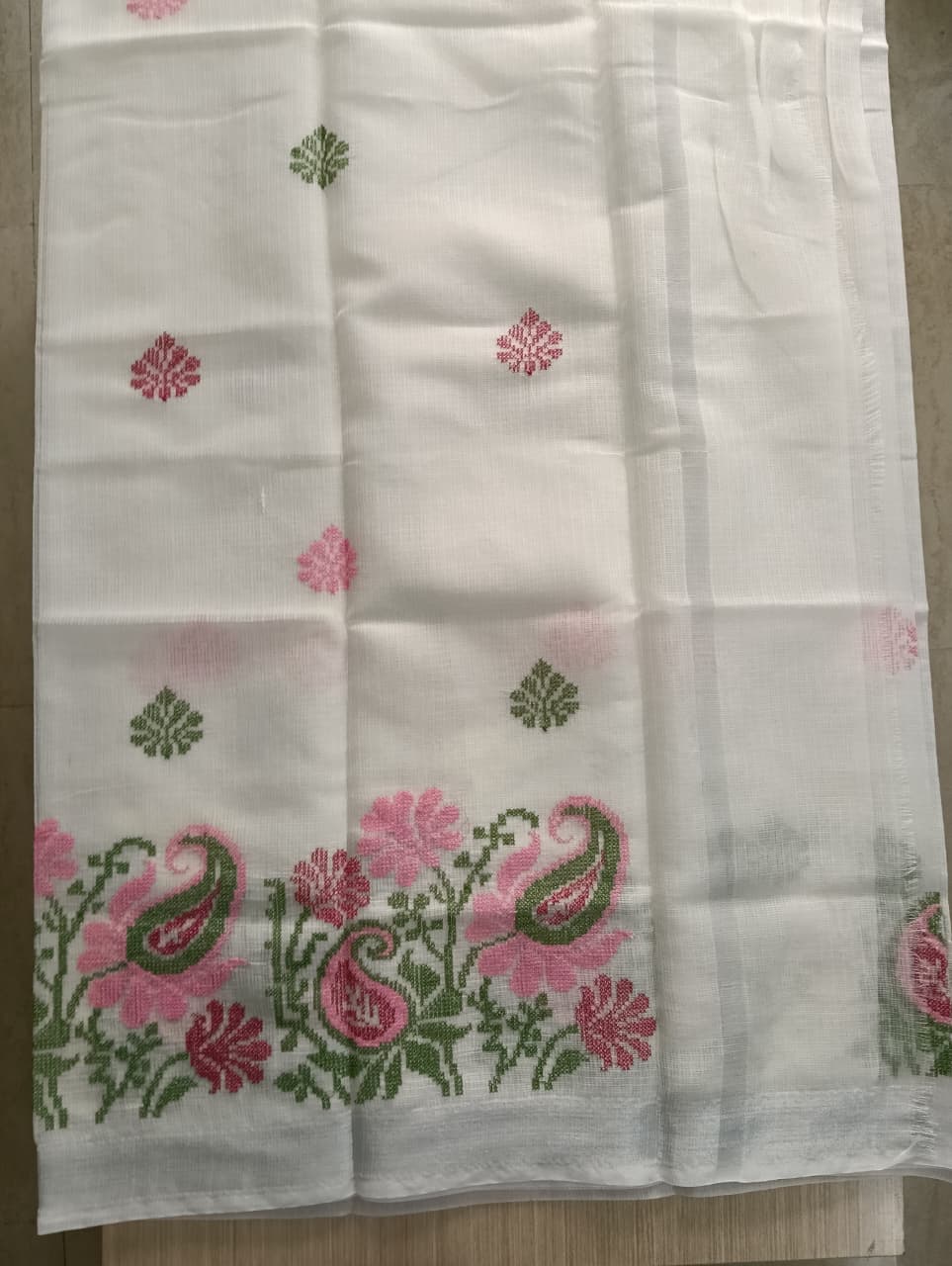 White Kota Saree with embrioded motifs