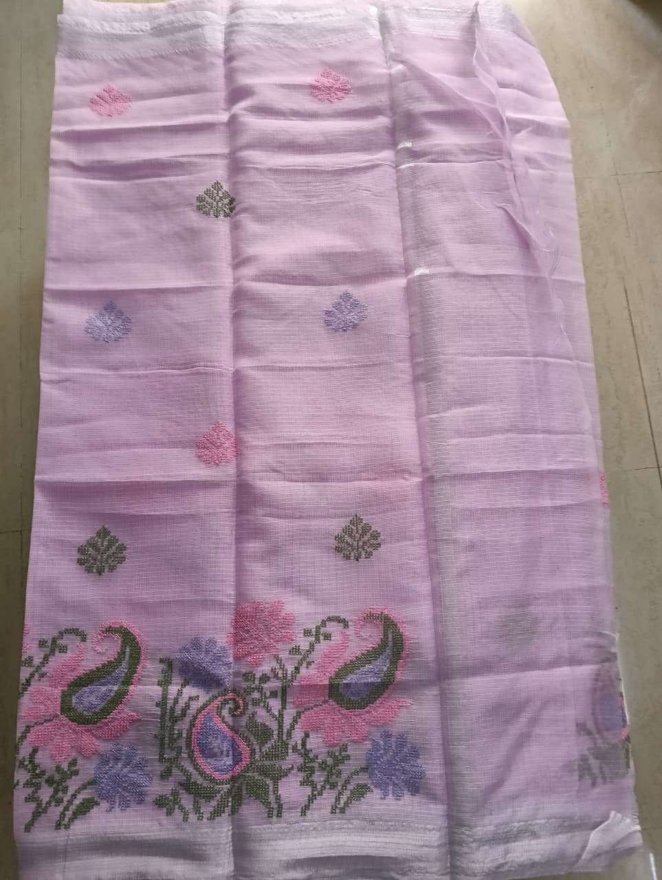 Lavender Kota Saree with embrioded floral motifs