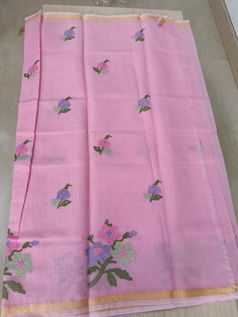 Baby Pink Kota Saree with embrioded floral motifs