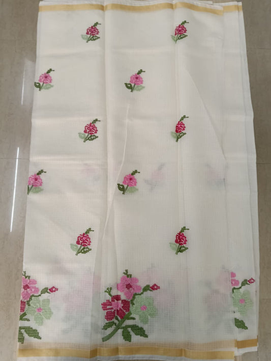 light cream Kota Saree with embrioded floral motifs