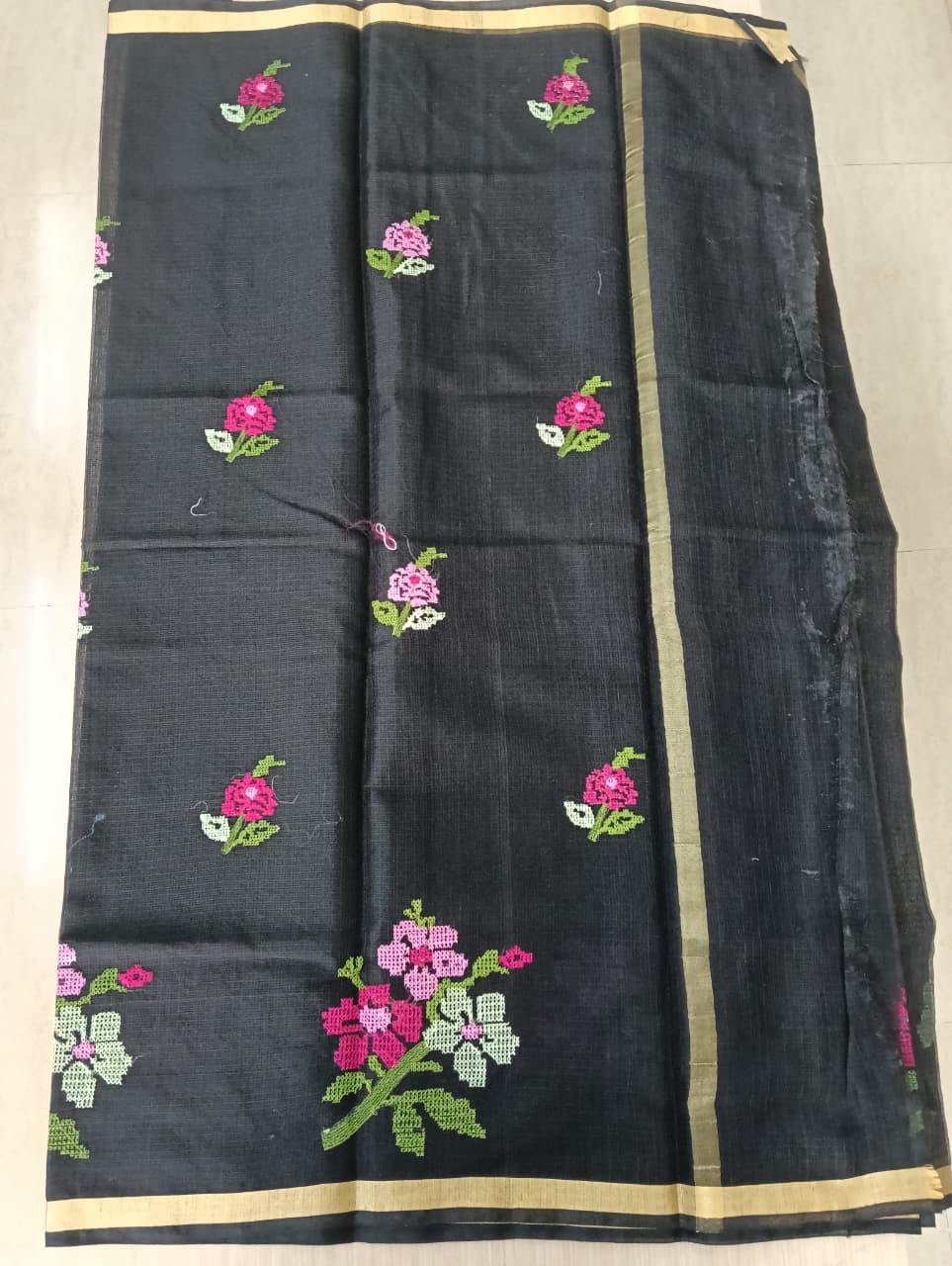 Black Kota Saree with embrioded floral motifs