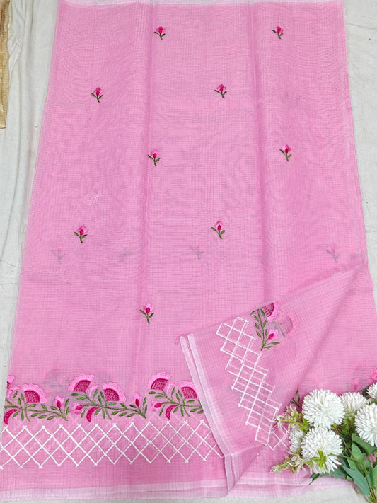 Pink Kota Saree with pink floral embriodery