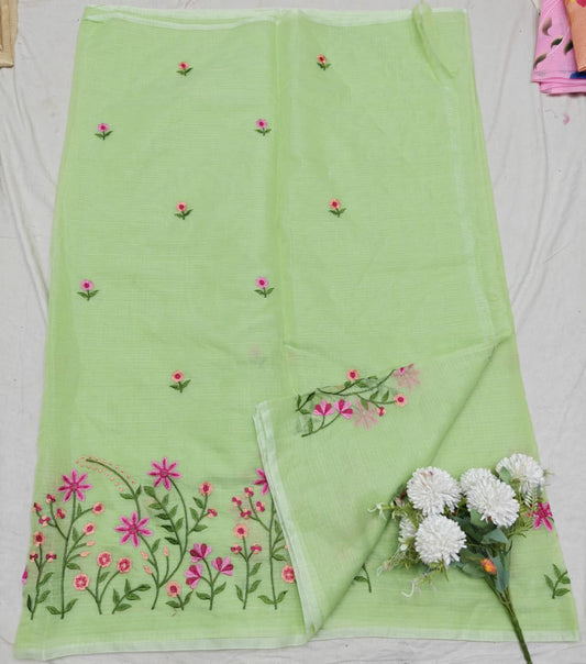 Green Kota Saree with pink floral embroidery