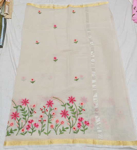 light Cream Kota Saree with pink floral embroidery