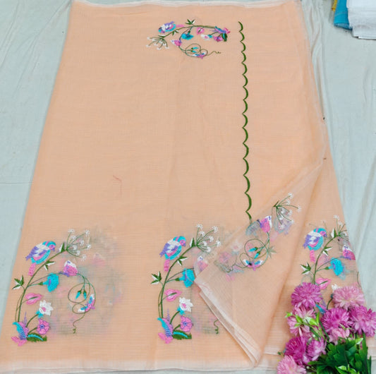 Pastel orange Kota Saree with bird embriodery