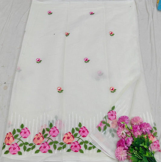 White Kota Saree with pink and orange floral embriodery