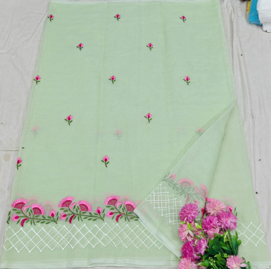 pastel green linen saree