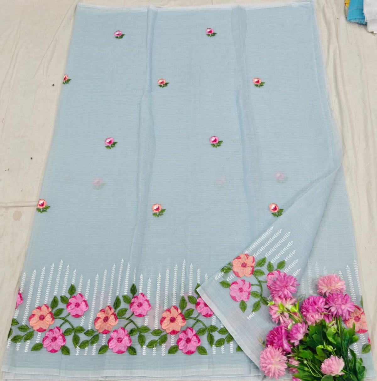 Grey Kota Saree with pink and orange  floral embriodery