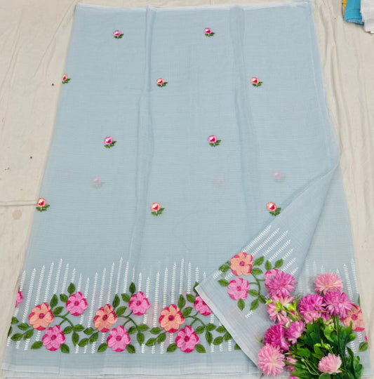 Grey Kota Saree with pink and orange  floral embriodery