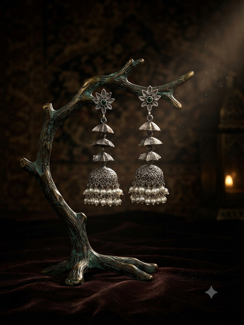 Silver Oxidised Jhumkas