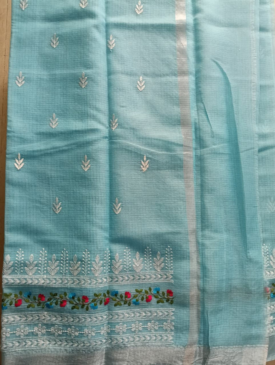 Sky Blue Kota Saree with floral embroidery