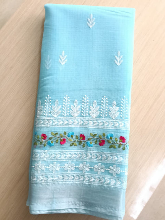 Sky Blue Kota Saree with floral embroidery