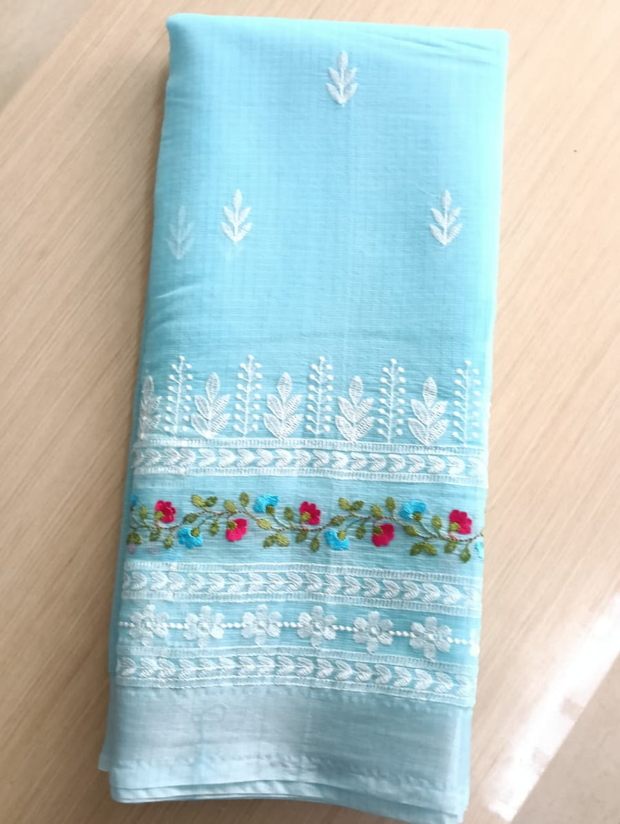 Sky Blue Kota Saree with floral embroidery