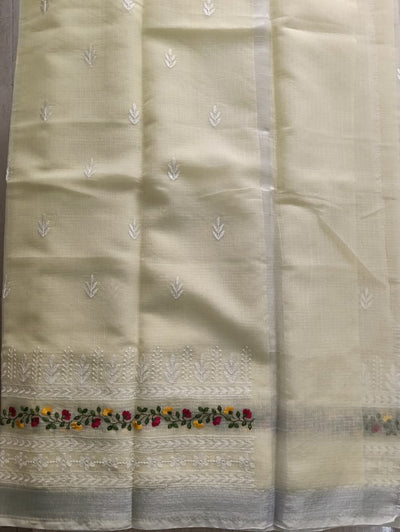 Yellow Kota Saree with floral embroidery