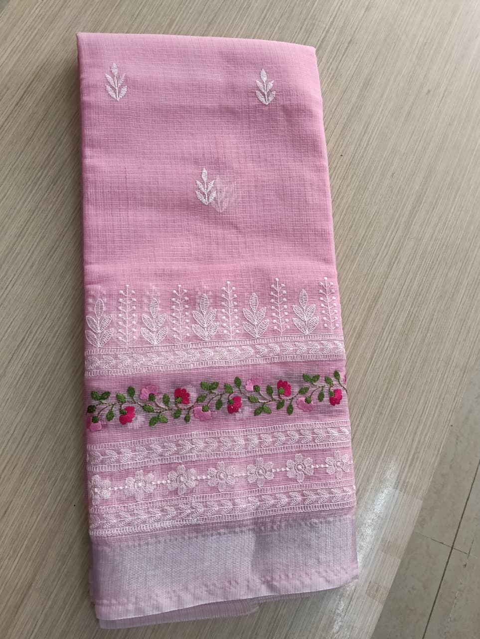 Baby Pink Kota Saree with floral embroidery