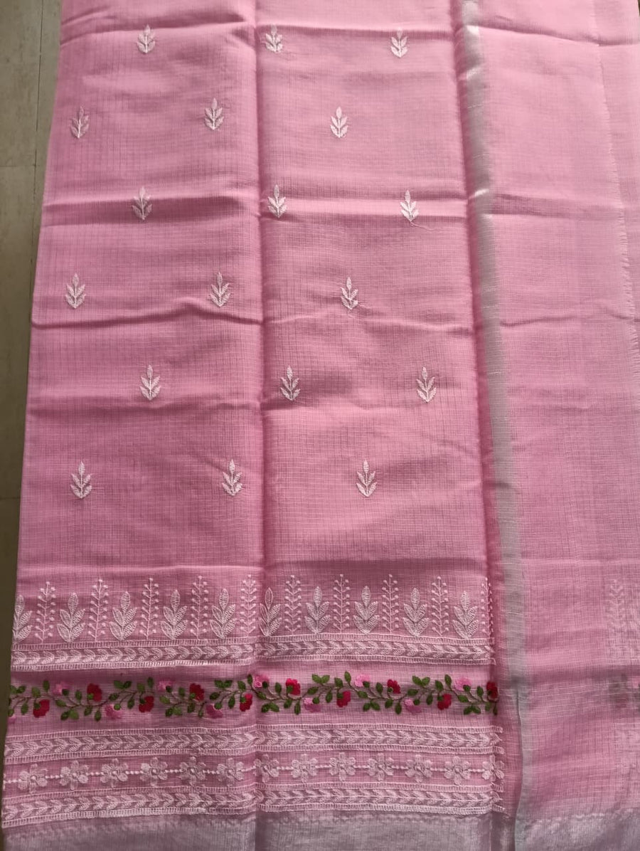 Baby Pink Kota Saree with floral embroidery