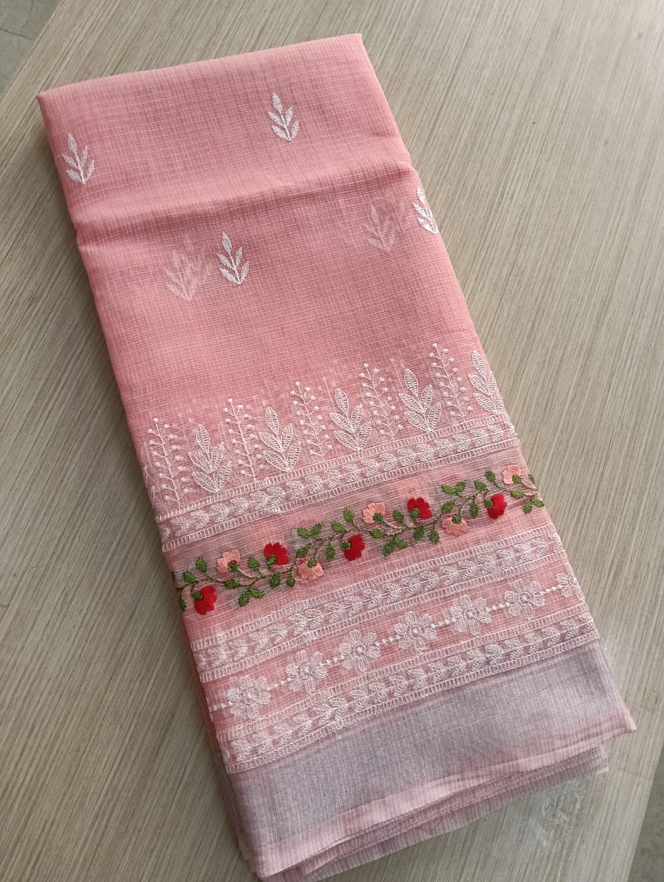Dusty Coral Kota Saree with floral embroidery