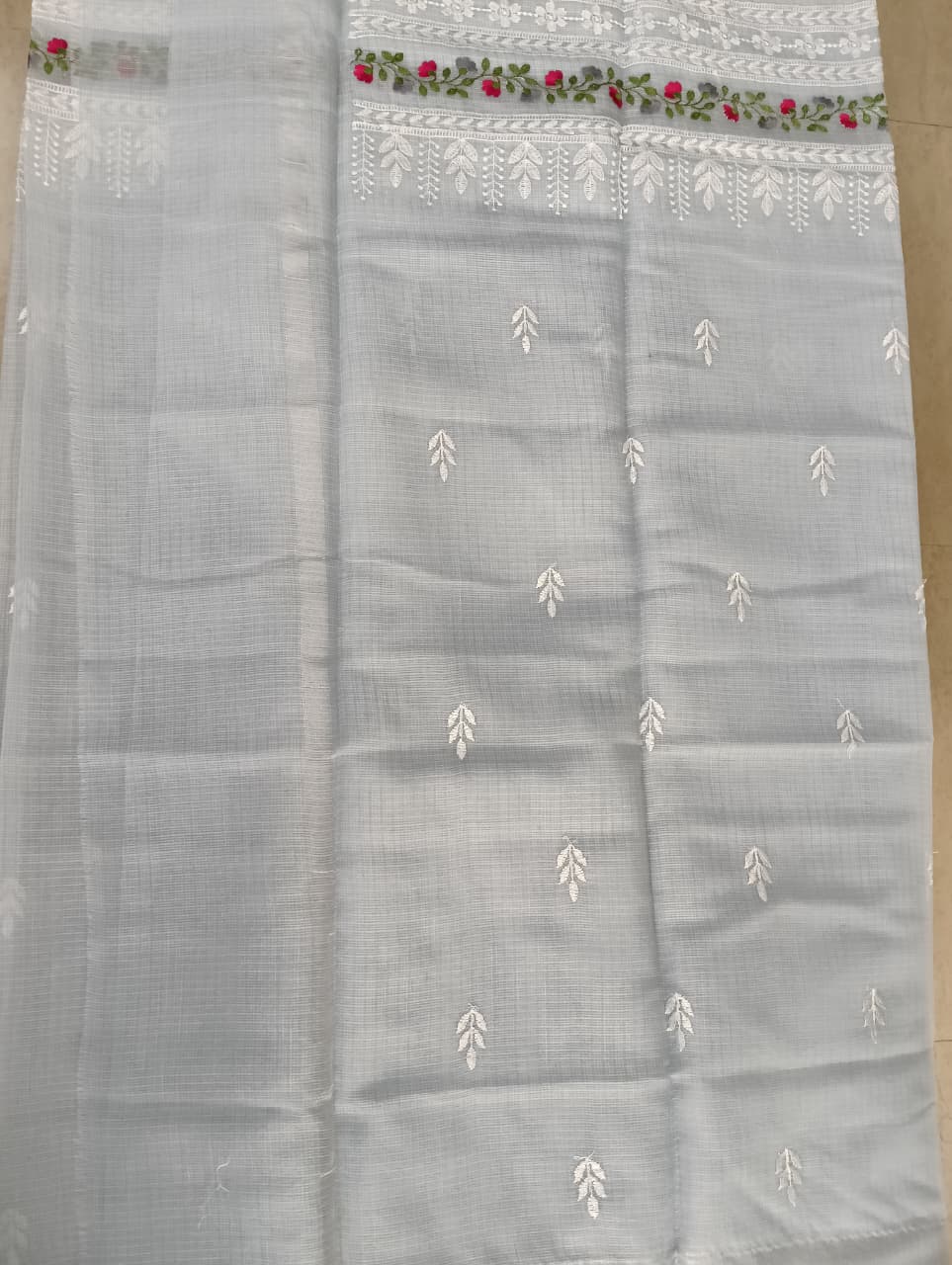 White Kota Saree with floral embroidery