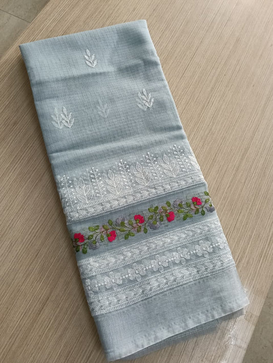 Grey Kota Saree with floral embroidery