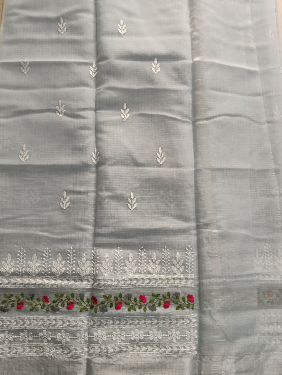 Grey Kota Saree with floral embroidery