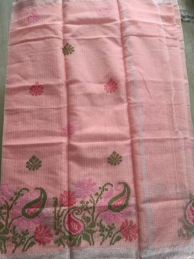 Dusty Coral Kota Saree with embrioded floral motifs