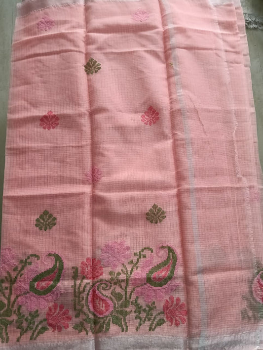 Dusty Coral Kota Saree with embrioded floral motifs