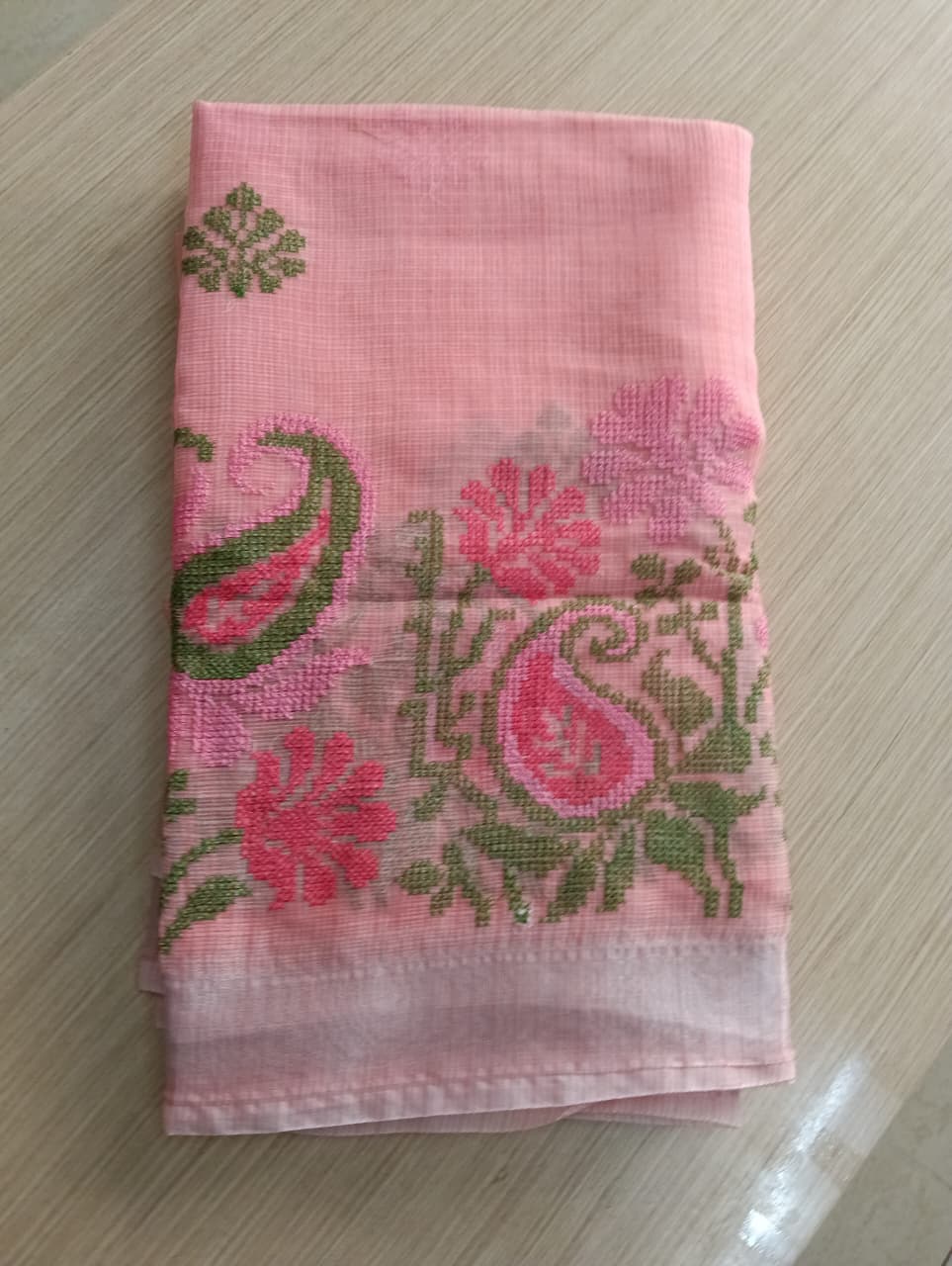 Dusty Coral Kota Saree with embrioded floral motifs