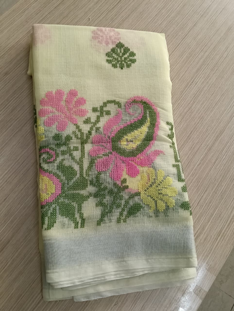 Yellow Kota Saree with embrioded floral motifs