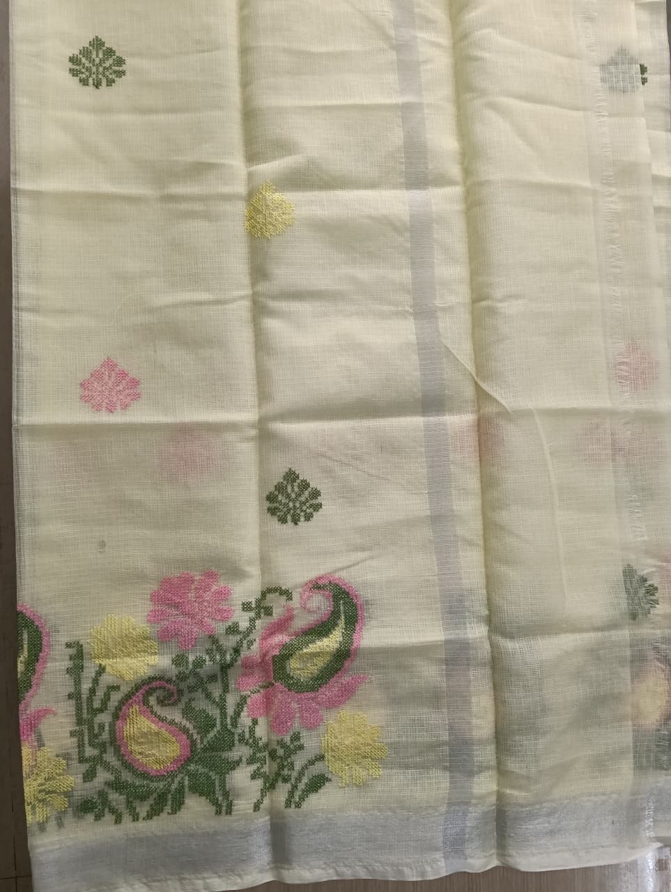 Yellow Kota Saree with embrioded floral motifs