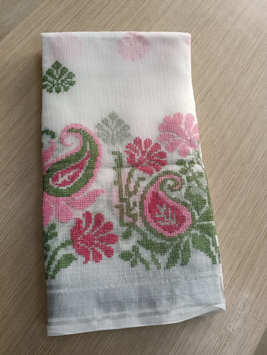 White Kota Saree with embrioded motifs