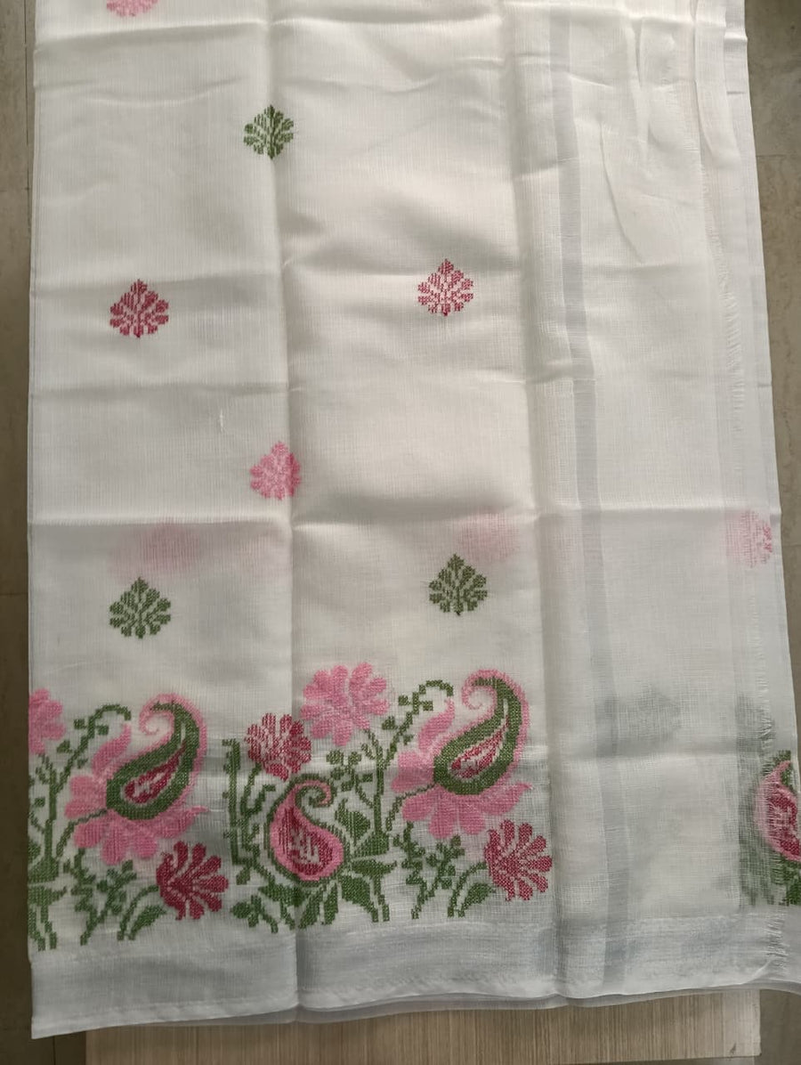 light cream Kota Saree with embrioded floral motifs