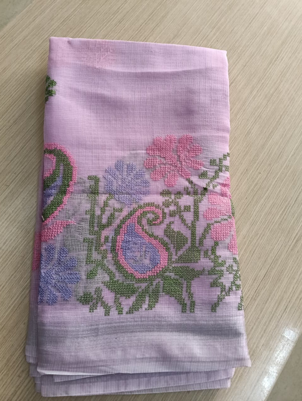 Lavender Kota Saree with embrioded floral motifs