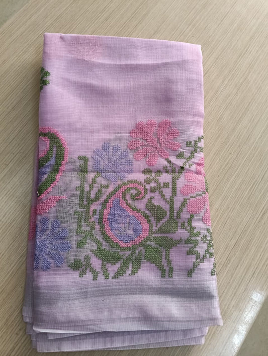 Lavender Kota Saree with embrioded floral motifs