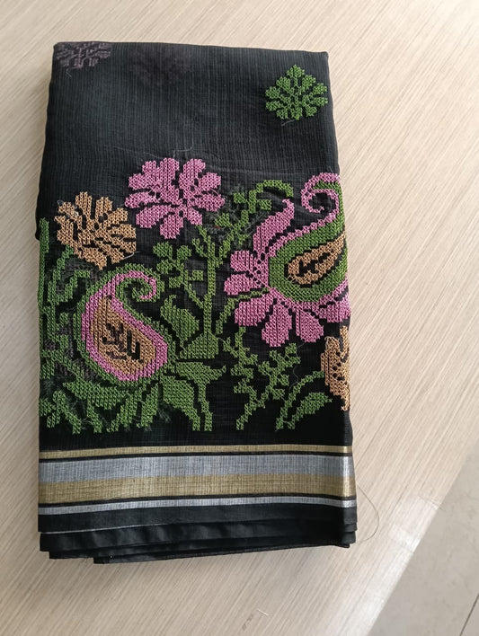 Black Kota Saree with embrioded motifs