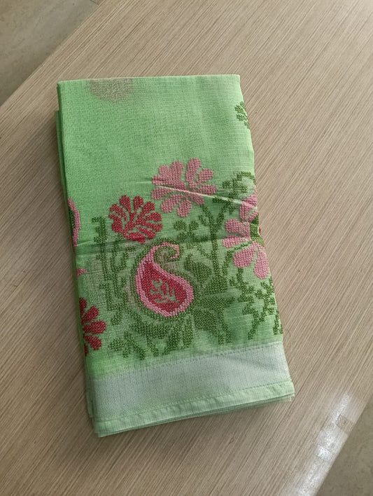 Green Kota Saree with embrioded floral motifs