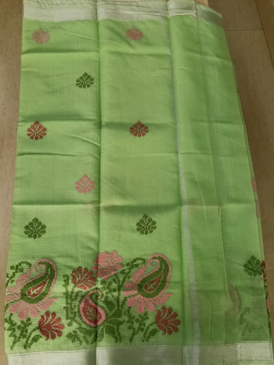 Green Kota Saree with embrioded floral motifs