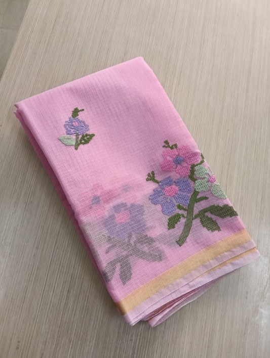 Baby  Pink Kota Saree with embrioded floral motifs