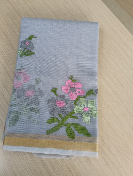 Grey Kota Saree with embrioded floral motifs