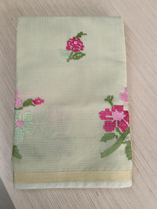 Light Mint Green Kota Saree with embrioded floral motifs
