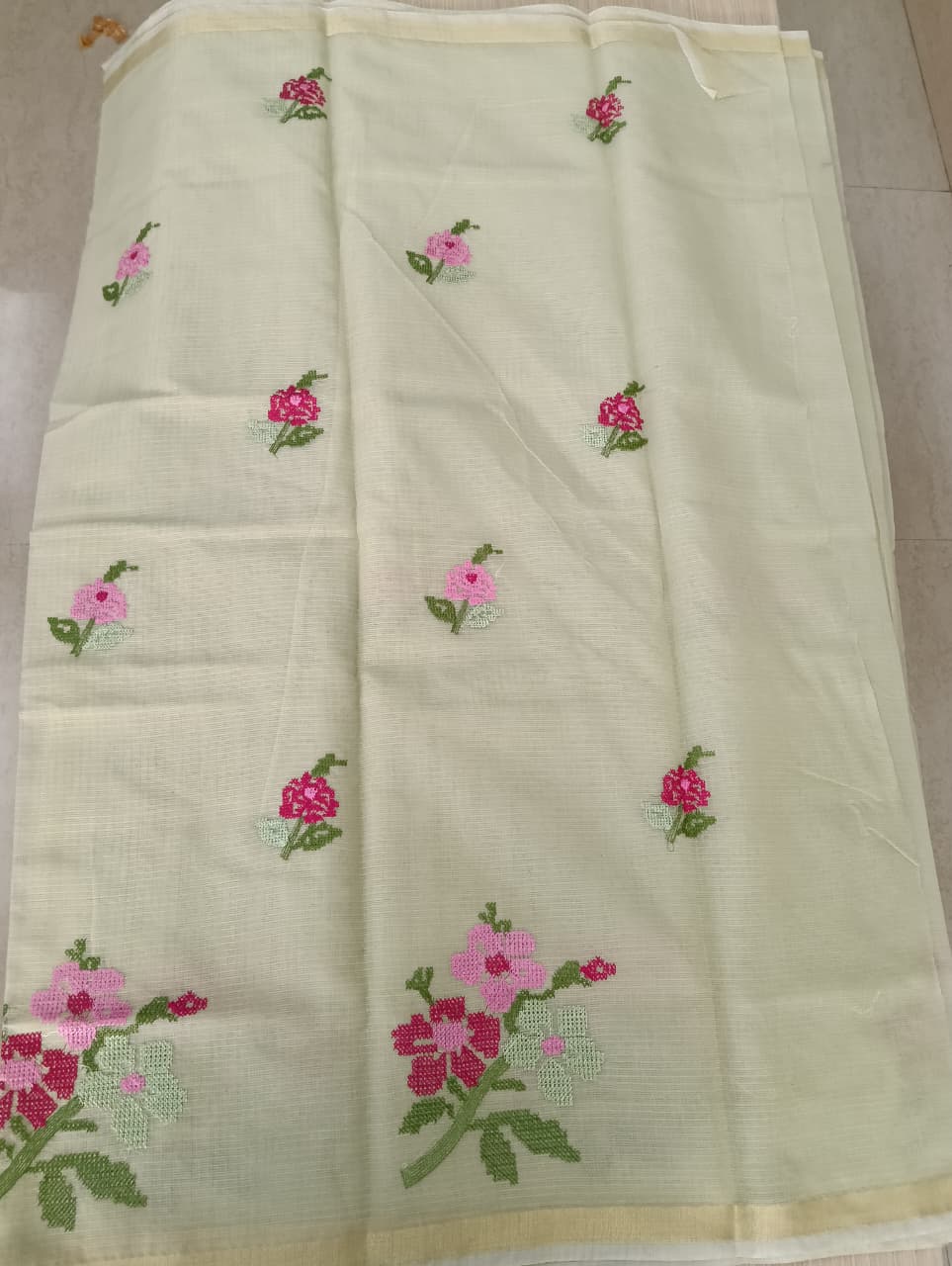 Light Mint Green Kota Saree with embrioded floral motifs