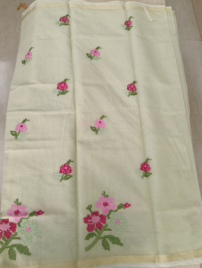 Light Mint Green Kota Saree with embrioded floral motifs