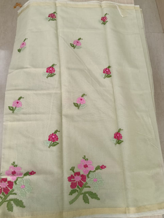 Light Mint Green Kota Saree with embrioded floral motifs