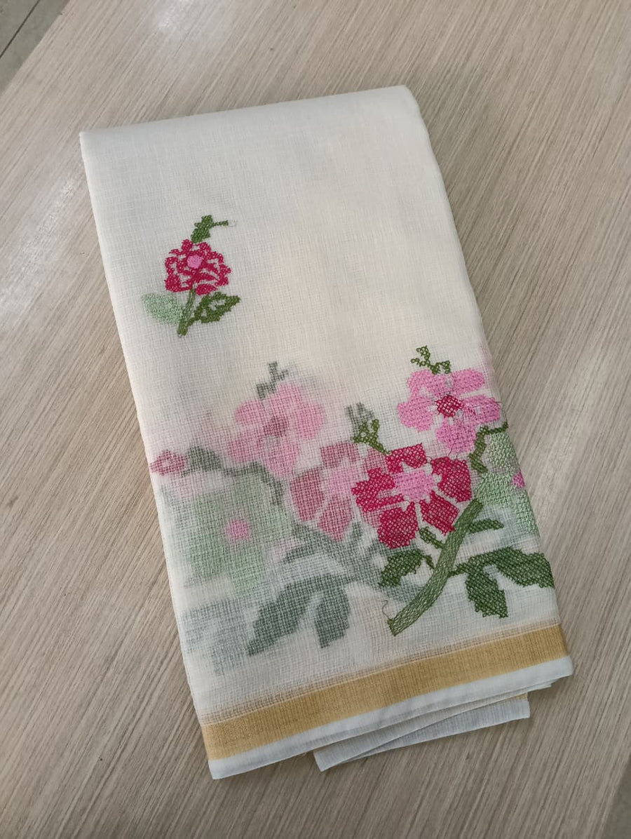 light cream Kota Saree with embrioded floral motifs