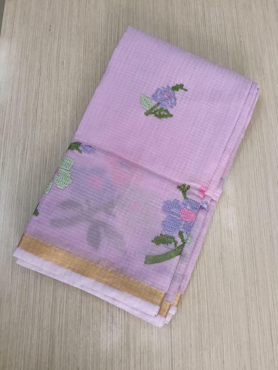 Lavender Kota Saree with embrioded floral motifs