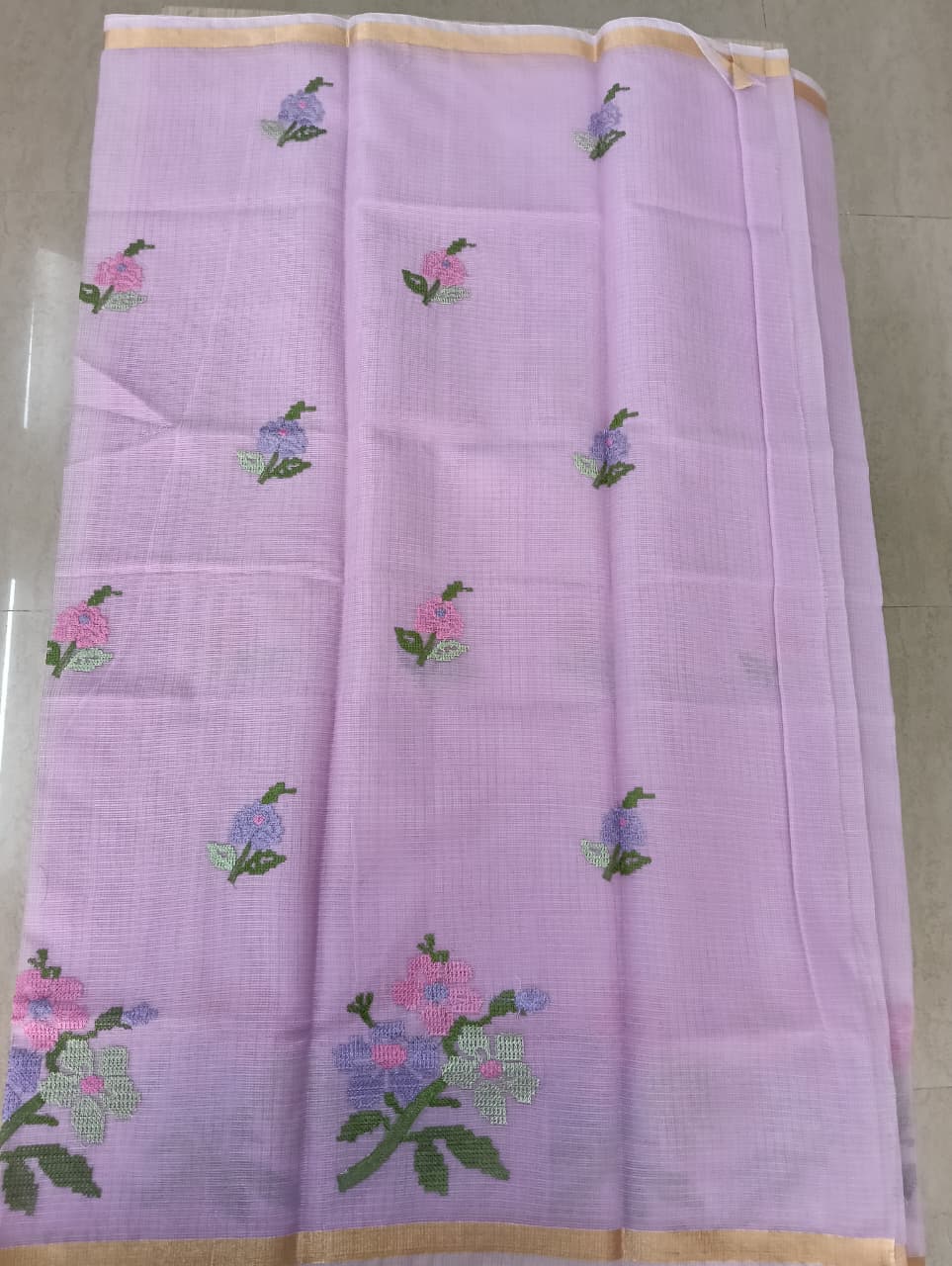 Lavender Kota Saree with embrioded floral motifs