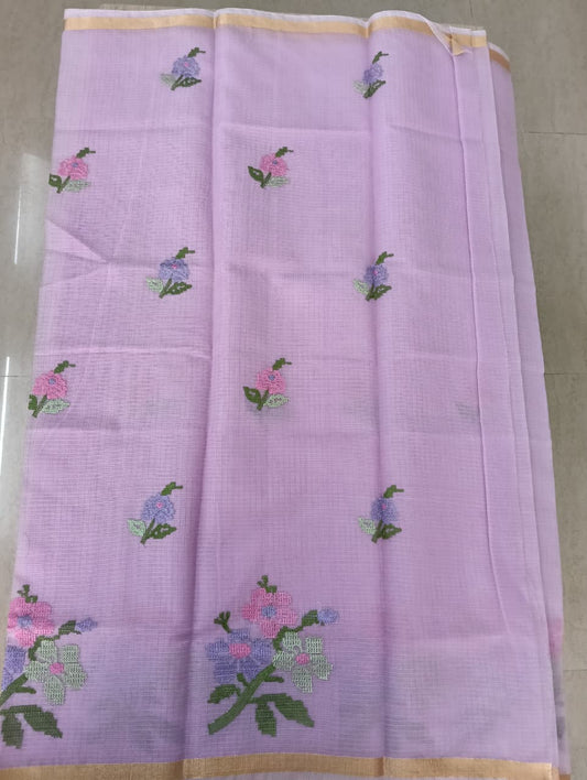 Lavender Kota Saree with embrioded floral motifs