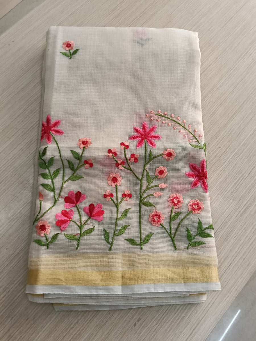 light Cream Kota Saree with pink floral embroidery