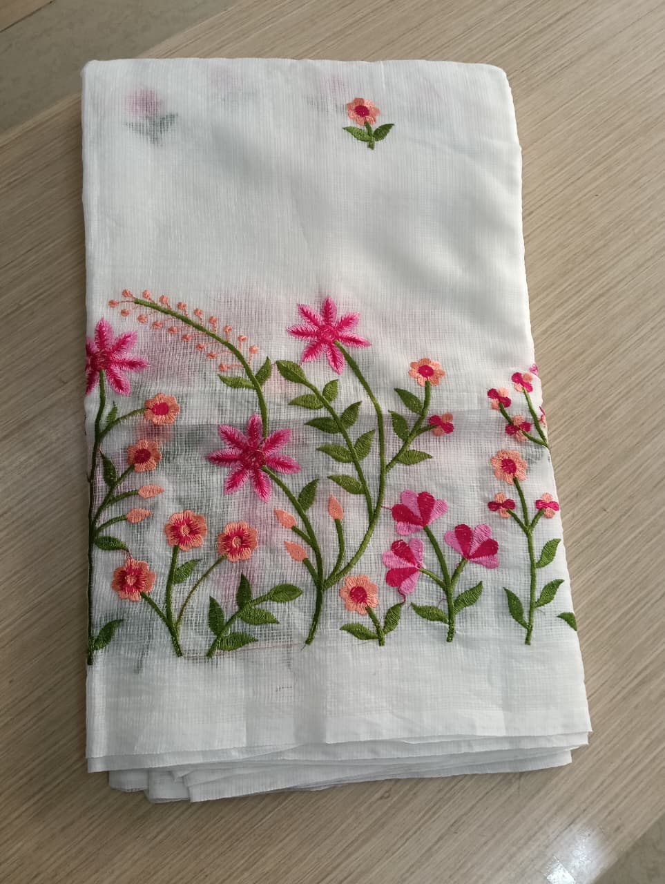 White Kota Saree with pink  floral embriodery