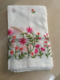 White Kota Saree with pink  floral embriodery